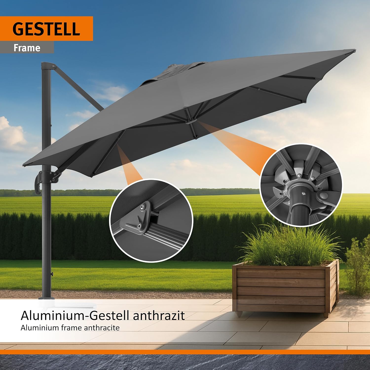 Ampelschirm Rhodos Grande 400x300 cm Rechteckig Aluminium Gestell UV50+ Polyester Kurbel 360 Grad Drehfunktion Anthrazit