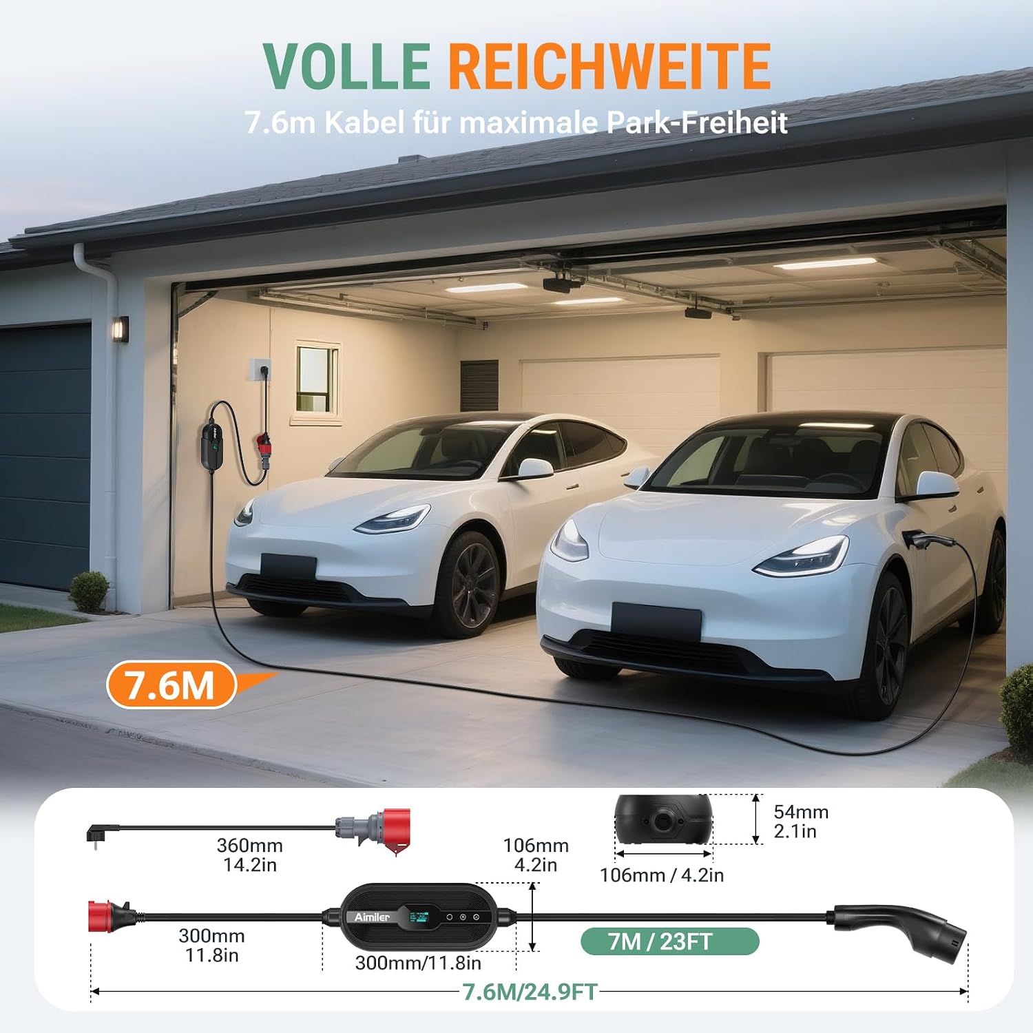Ladestation Ladegerät 11kW 400V 3-phasig 8-16A Typ 2 7,6m Kabel CEE IP66 App Steuerung mit Wandhalterung