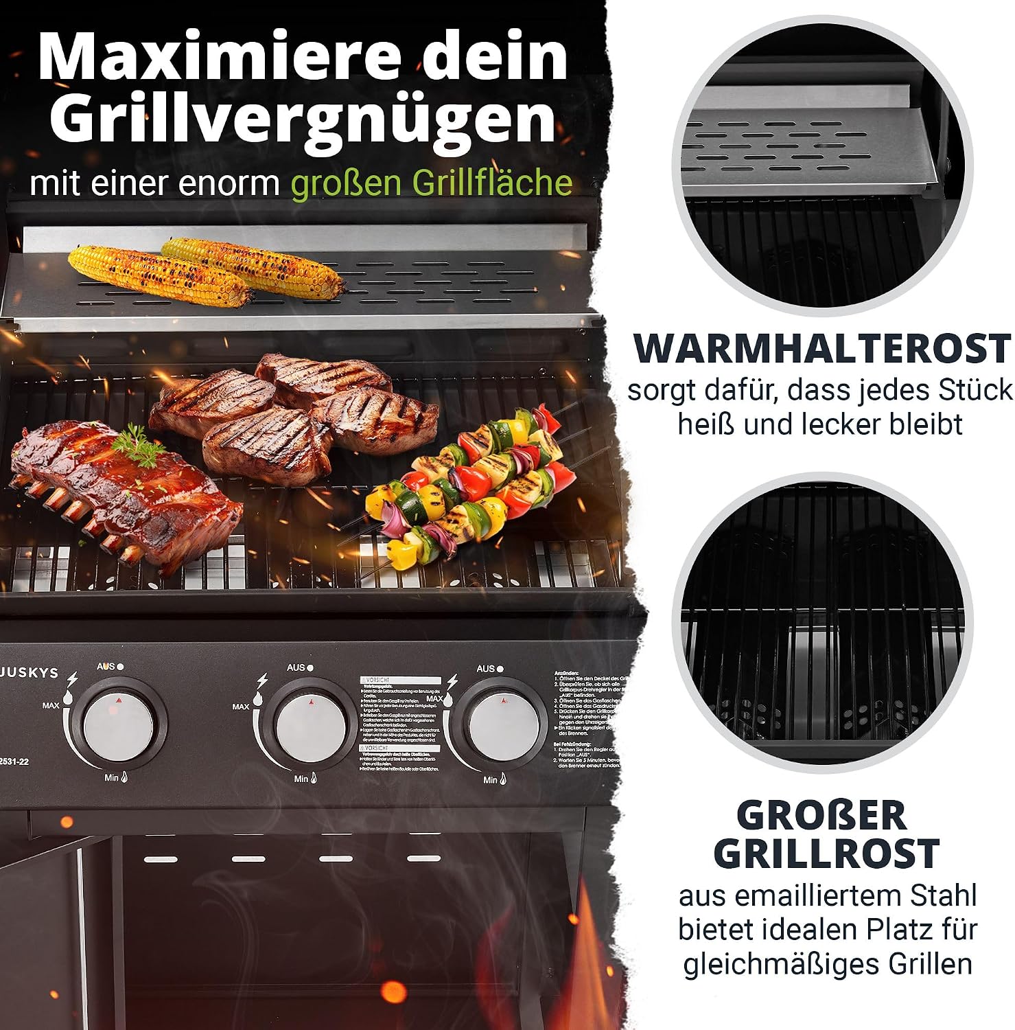 Gasgrill Grillwagen Louisiana 3 Brenner 8,1 kW mit Deckel Thermometer Warmhalterost Grillrost und Abdeckplane