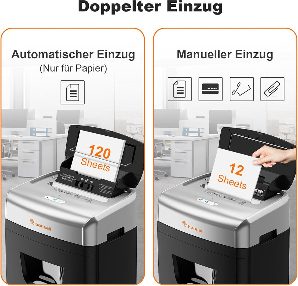 Aktenvernichter C233-B mit automatischem Einzug 120 Blatt Partikelschnitt P-4 23L Behälter 62dB mit 4 Rädern