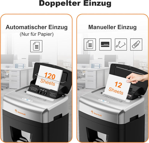 Aktenvernichter C233-B mit automatischem Einzug 120 Blatt Partikelschnitt P-4 23L Behälter 62dB mit 4 Rädern
