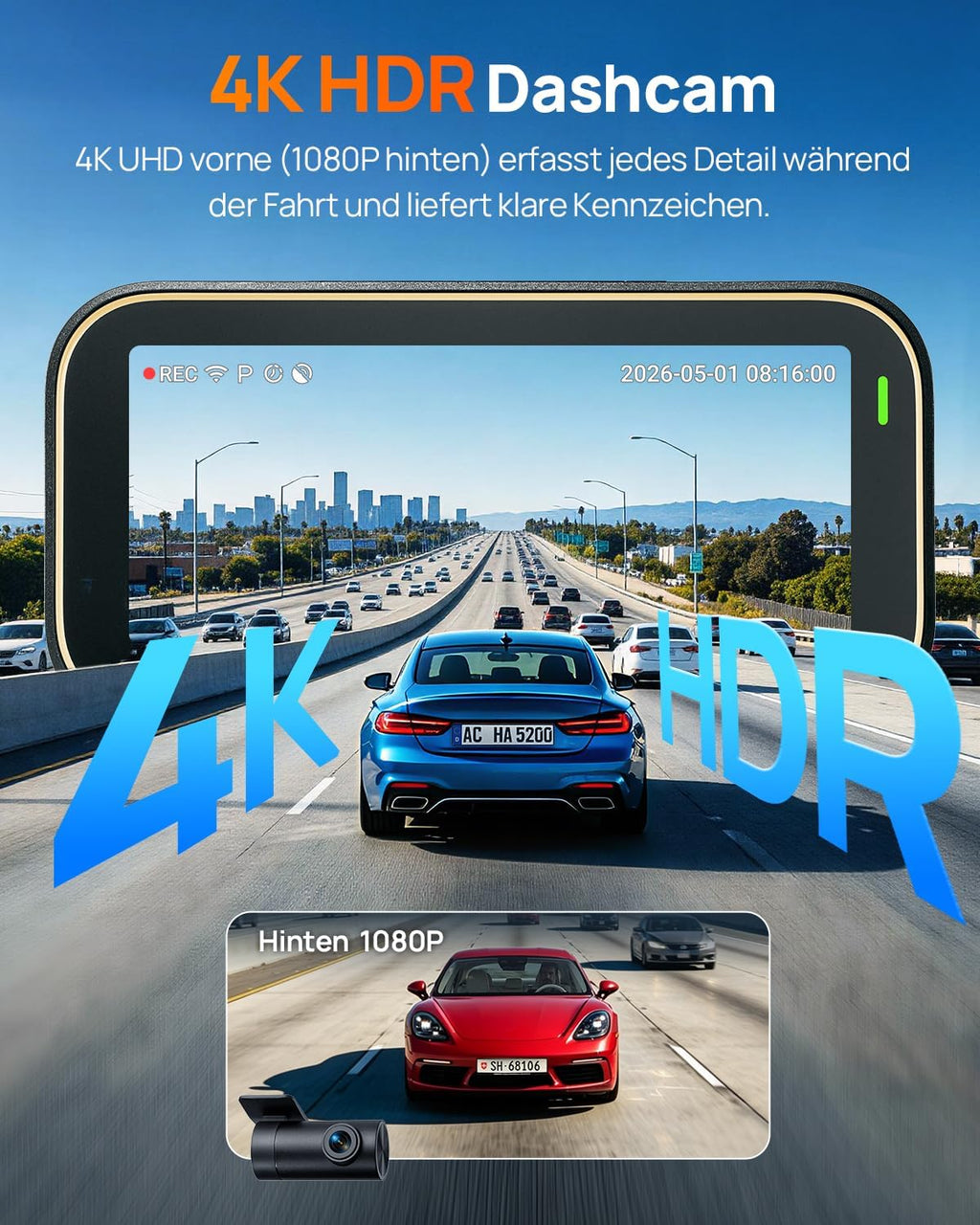 Dashcam A810 Lite Front und Rückkamera 4K 2160P mit 1080P Heckkamera 64GB Karte WLAN HDR Nachtsicht G-Sensor