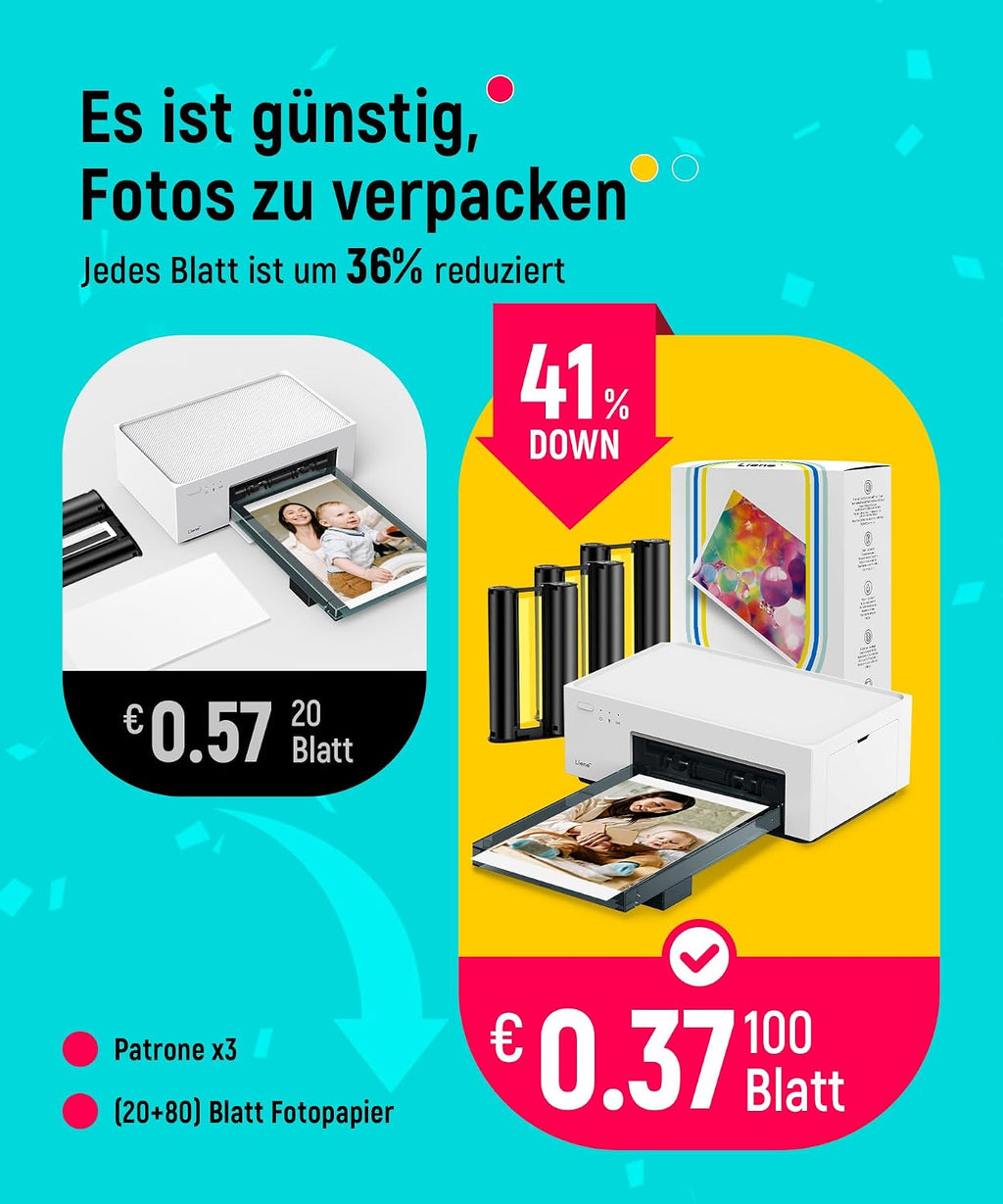 Fotodrucker DHP513 10x15 cm Farbsublimationsdrucker mit WLAN USB 300 DPI für Smartphone PC inklusive 100 Blatt Fotopapier