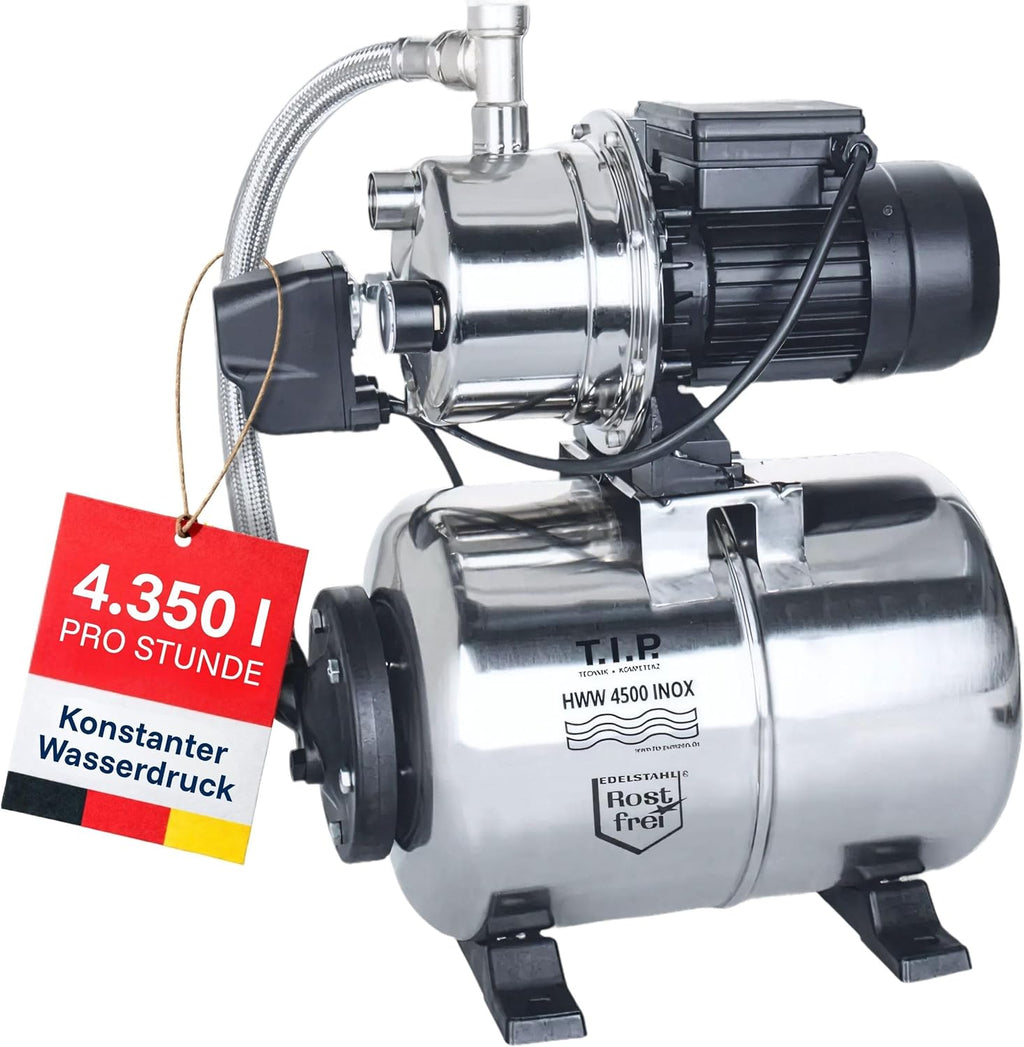 Hauswasserwerk 1200 W Edelstahl HWW 4500 INOX 4350 l/h 5 bar 22 L Druckkessel 50 m Förderhöhe mit Manometer Überlastschutz
