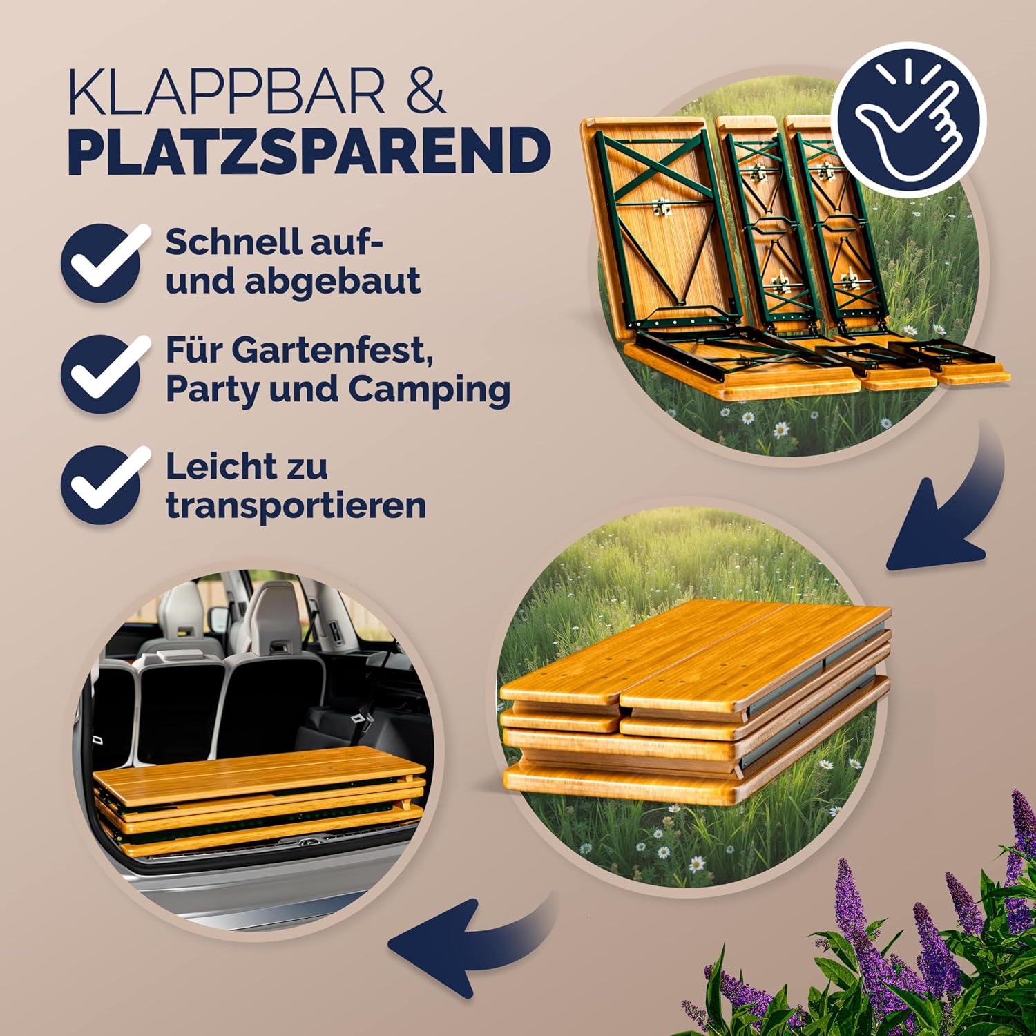 Bierzeltgarnitur klappbar 220 cm Holz Festzeltgarnitur 2 Bänke 1 Tisch Set für bis zu 10 Personen
