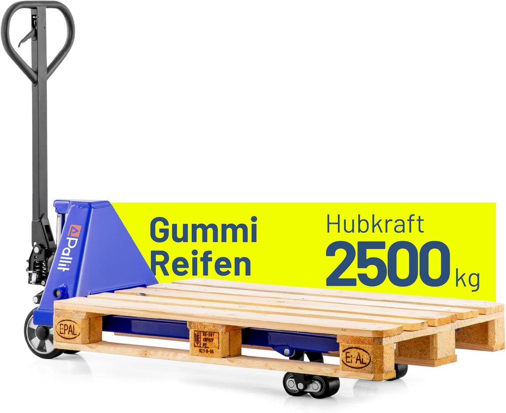 Handhubwagen FIVE 2500 kg Tragkraft mit 1150 mm Gabellänge Stahlrahmen Gummirollen Palettenwagen für Euro-Paletten