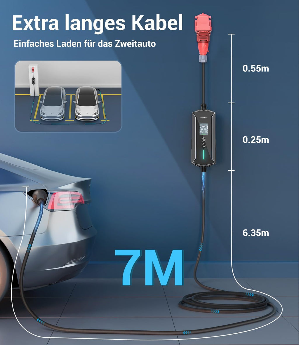 Mobile Wallbox Ladegerät 11kW Typ 2 400V 6-16A 7m Kabel CEE 16A EV Ladestation IP65 mit Ladezeit Einstellung