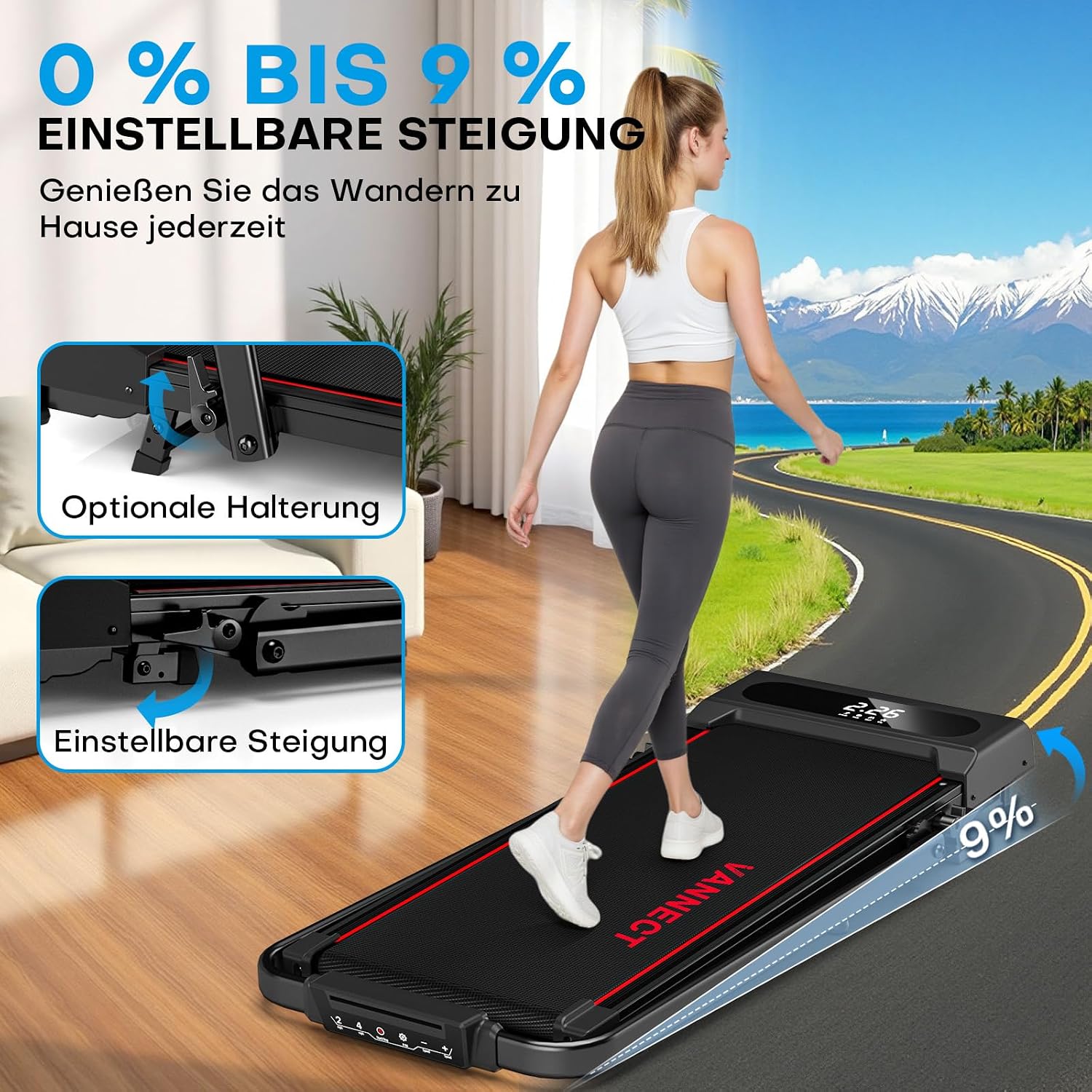 Walking Pad Laufband X390 klappbar mit 9% Steigung 1-12 km/h LCD Display App Steuerung Handlauf und Fernbedienung