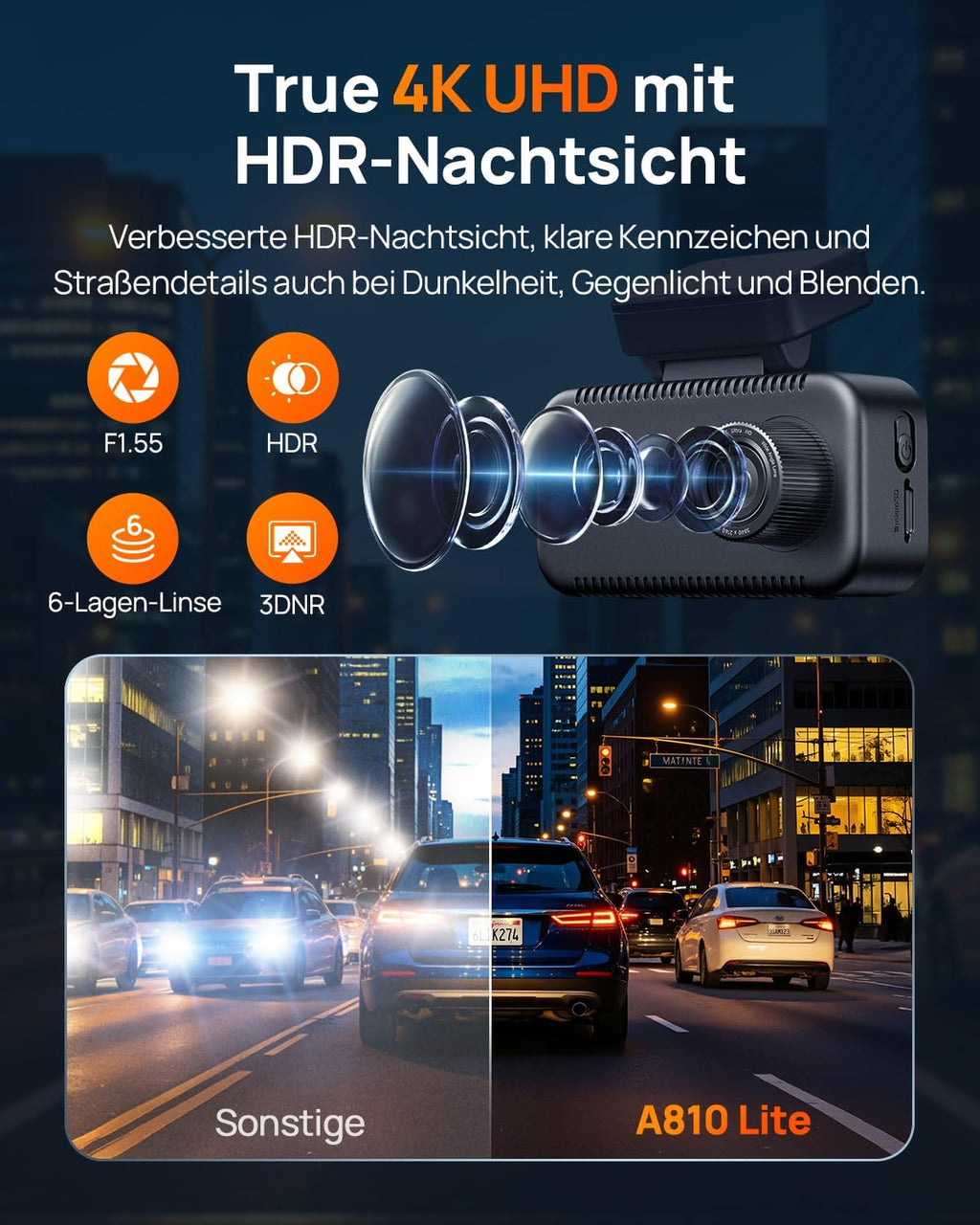 Dashcam A810 Lite Front und Rückkamera 4K 2160P mit 1080P Heckkamera 64GB Karte WLAN HDR Nachtsicht G-Sensor
