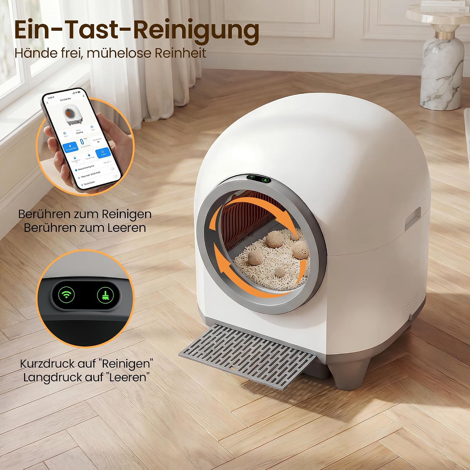 Selbstreinigende Katzentoilette 90L mit App Steuerung Sicherheitssensor Geruchsentfernung automatisches Katzenklo mit Matte