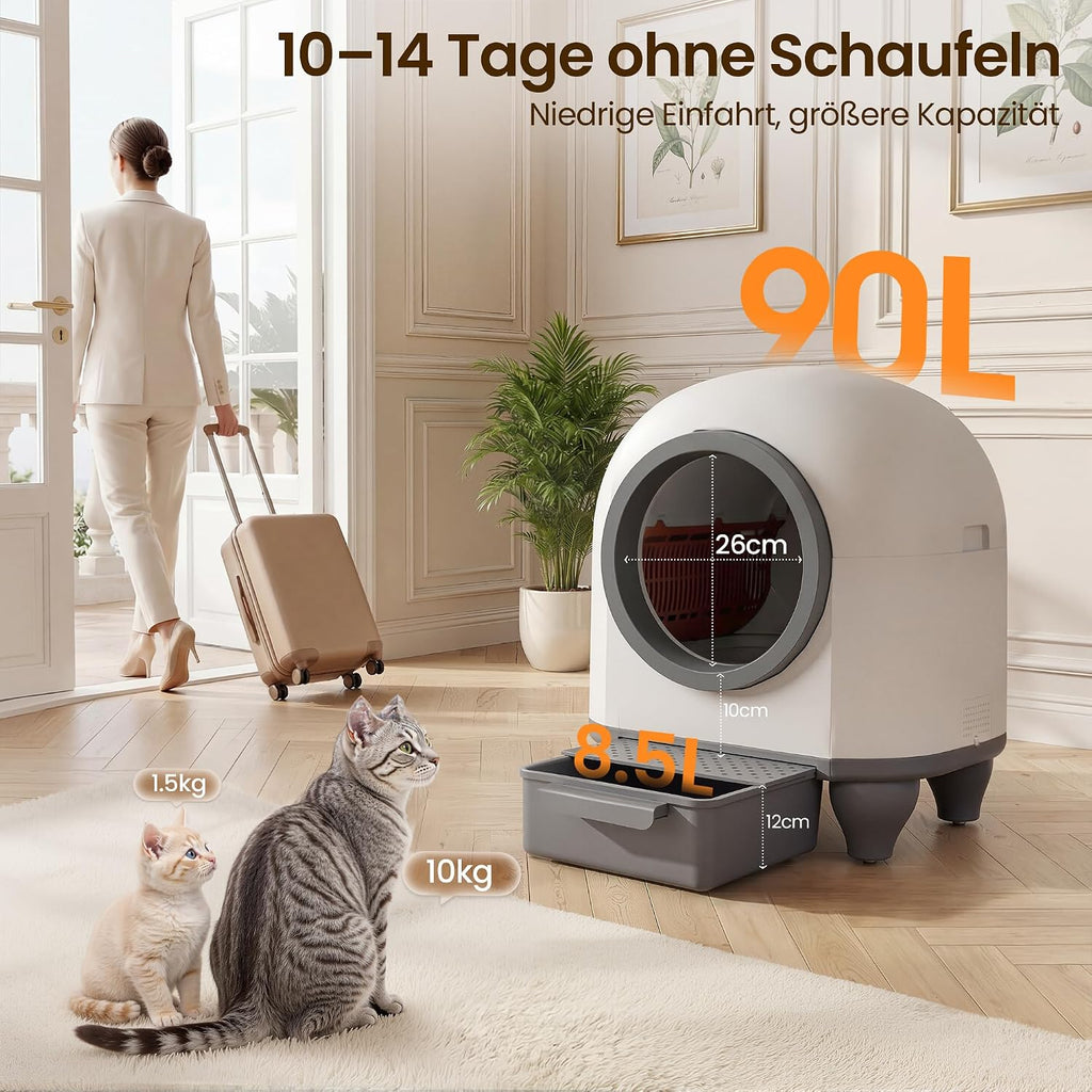 Selbstreinigende Katzentoilette 90L mit App Steuerung Sicherheitssensor Geruchsentfernung automatisches Katzenklo mit Matte