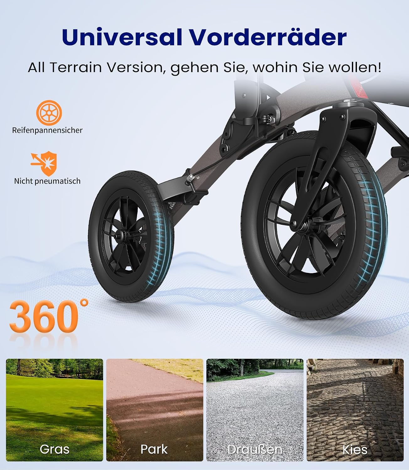 Rollator 4-Rad Gehwagen mit Sitz Aluminium faltbar höhenverstellbar Outdoor pannensichere Gummireifen 136 kg Tragfähigkeit grau