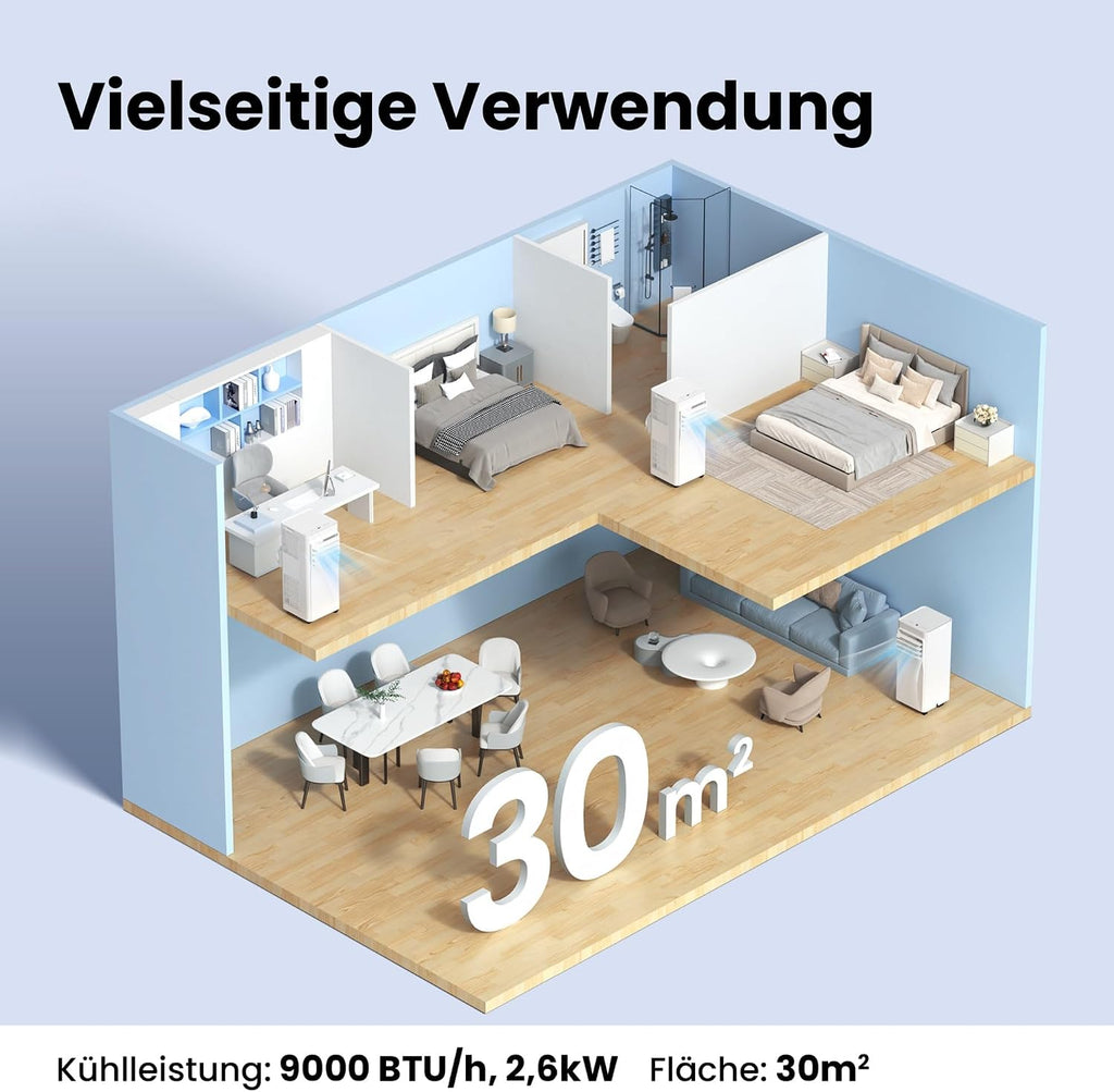 Mobiles Klimagerät 9000 BTU 2.6kW Breezy Cool Pro 2.6 APP Steuerung Kühlen Ventilieren Entfeuchten bis 33m²