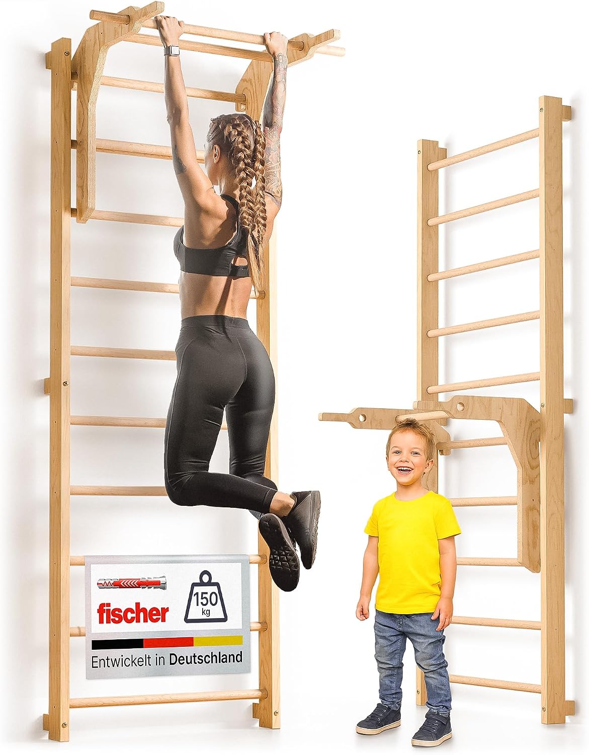 Sprossenwand Kletterwand mit Klimmzugstange und Dip Station Holz Trainingsgerät für Zuhause Kinder und Erwachsene 150 kg