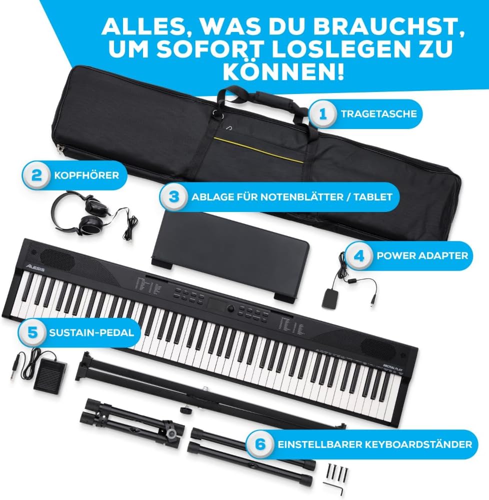 Digital Piano Keyboard 88 Tasten RECITALPLAY mit 480 Sounds USB-MIDI Lautsprechern und Zubehör Set