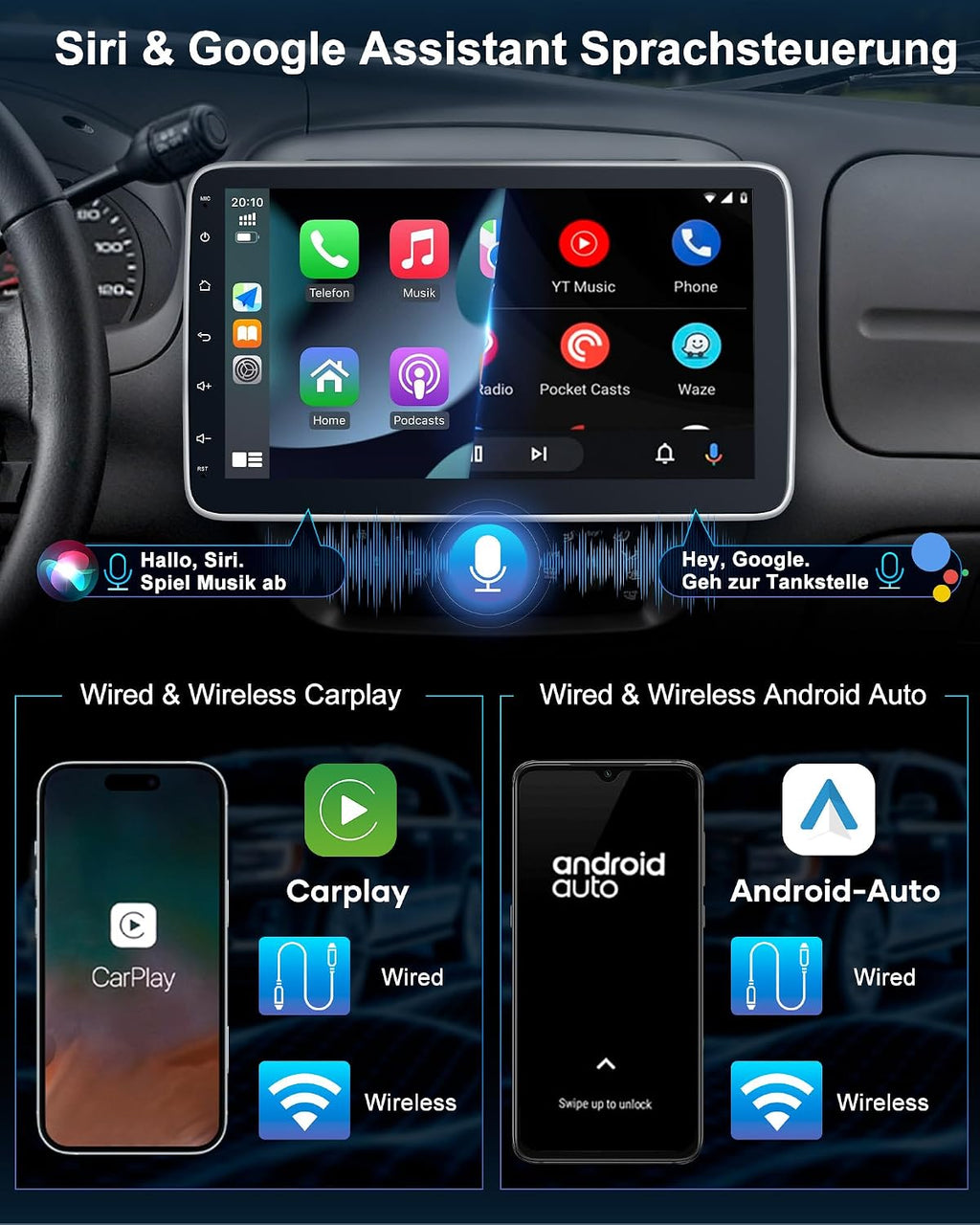 Single DIN Autoradio mit Touchscreen 10.1 Zoll Android 14 2GB 64GB Bluetooth CarPlay Android Auto Navigation Rückfahrkamera