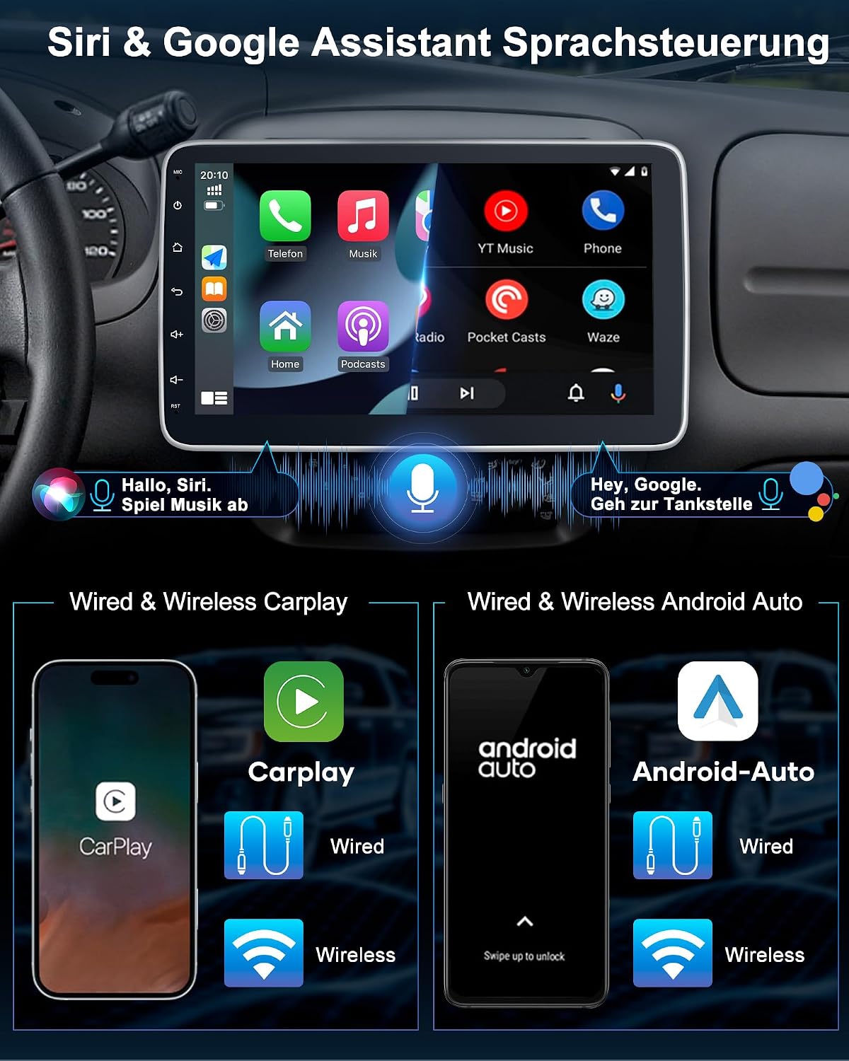 Single DIN Autoradio mit Touchscreen 10.1 Zoll Android 14 2GB 64GB Bluetooth CarPlay Android Auto Navigation Rückfahrkamera
