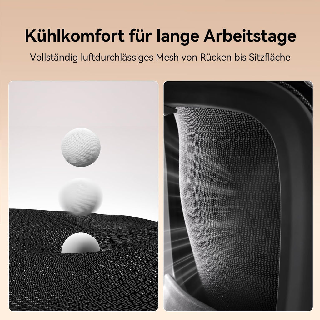 Ergonomischer Bürostuhl mit verstellbarer Lordosenstütze und Kopfstütze B100 Lite 90–135° Neigung Mesh Drehstuhl 72x70x112 cm