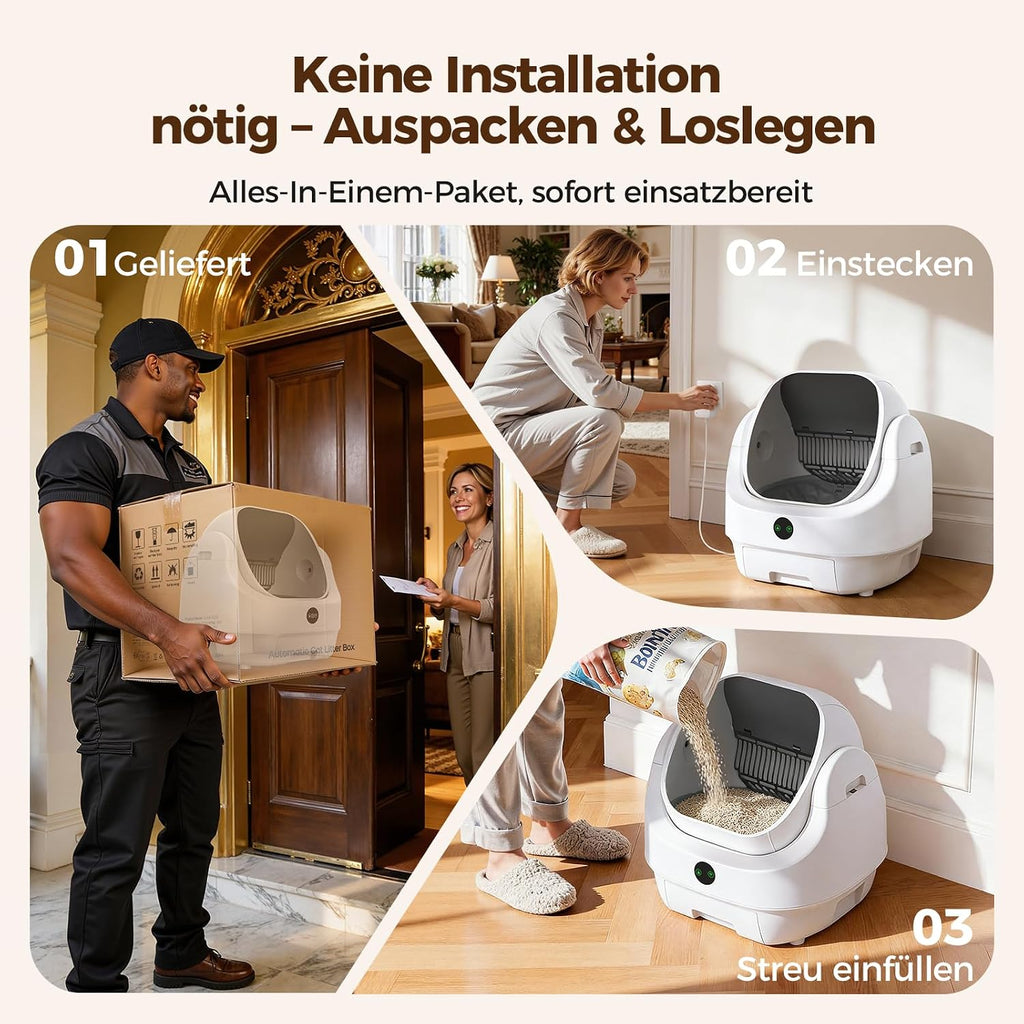 Automatische selbstreinigende Katzentoilette L mit App Steuerung Sensoren Geruchskontrolle 9 l Abfallbehälter für große Katzen