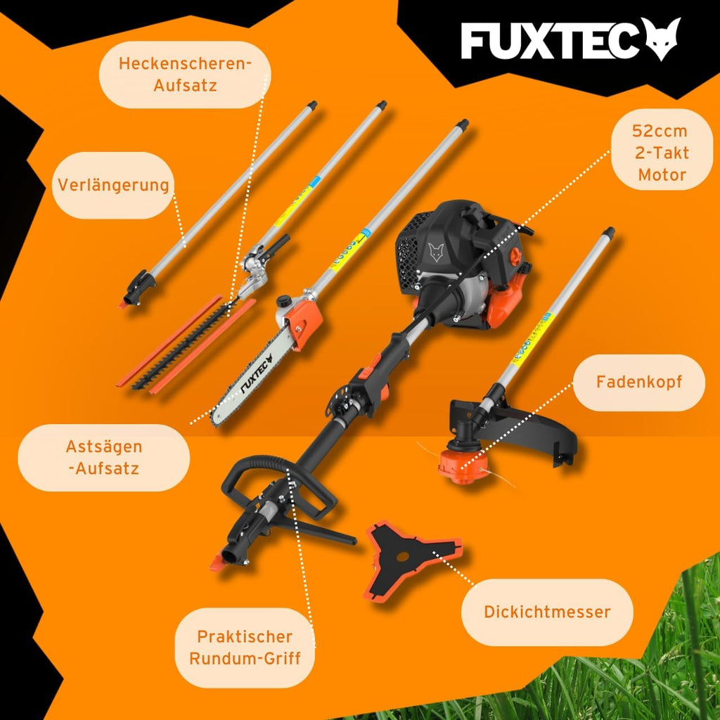 Benzin Motorsense FX-MT152E 5in1 Kombisystem 52 cc 3 PS mit Heckenschere Hochentaster Verlängerung und Tragegurt
