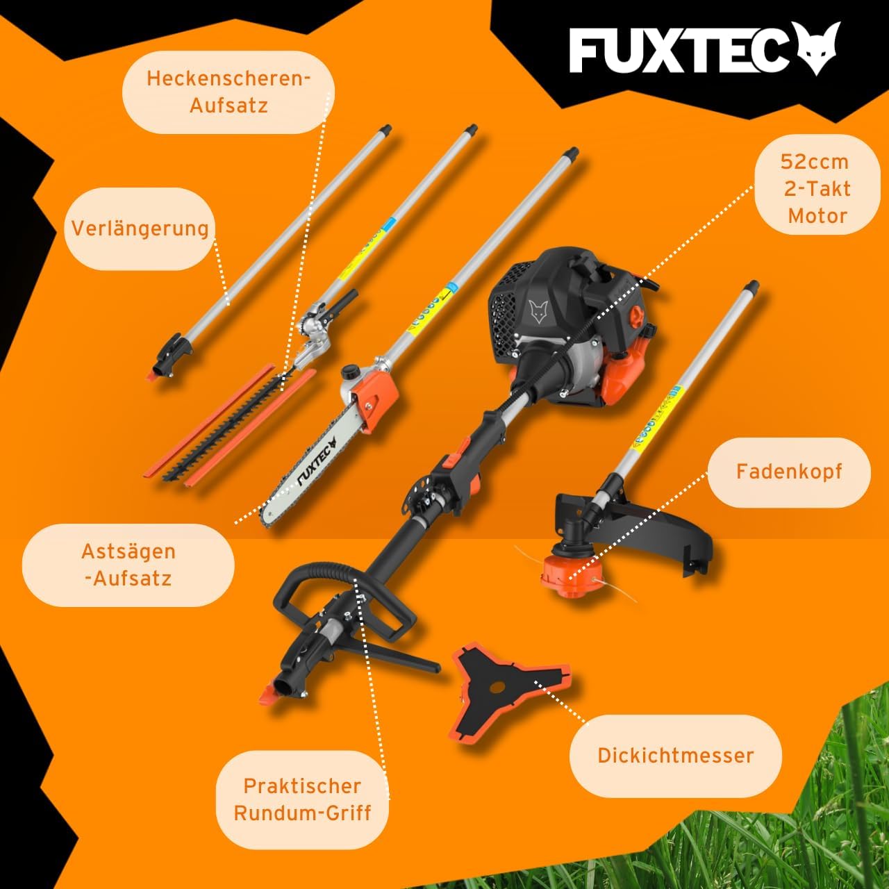 Benzin Motorsense FX-MT152E 5in1 Kombisystem 52 cc 3 PS mit Heckenschere Hochentaster Verlängerung und Tragegurt