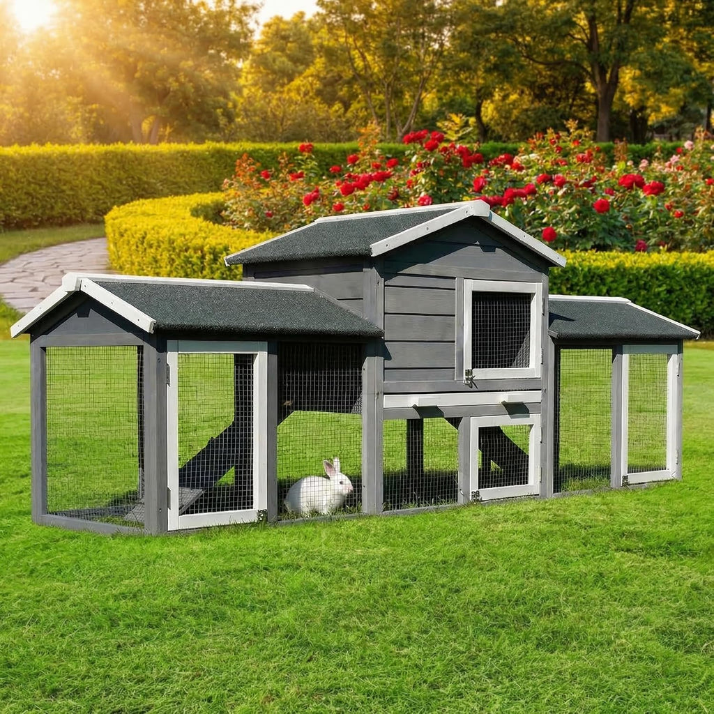 Kaninchenstall MH-03 XXL mit Freilaufgehege 226x53x85 cm aus imprägniertem Kiefernholz 2 Ebenen mit Schublade