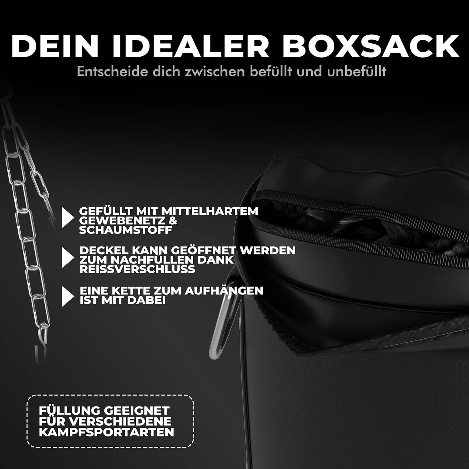 Boxsack 120x35cm PU 30kg mit 4-Punkt-Stahlkette gefüllt oder ungefüllt für Boxen Kickboxen MMA Muay Thai