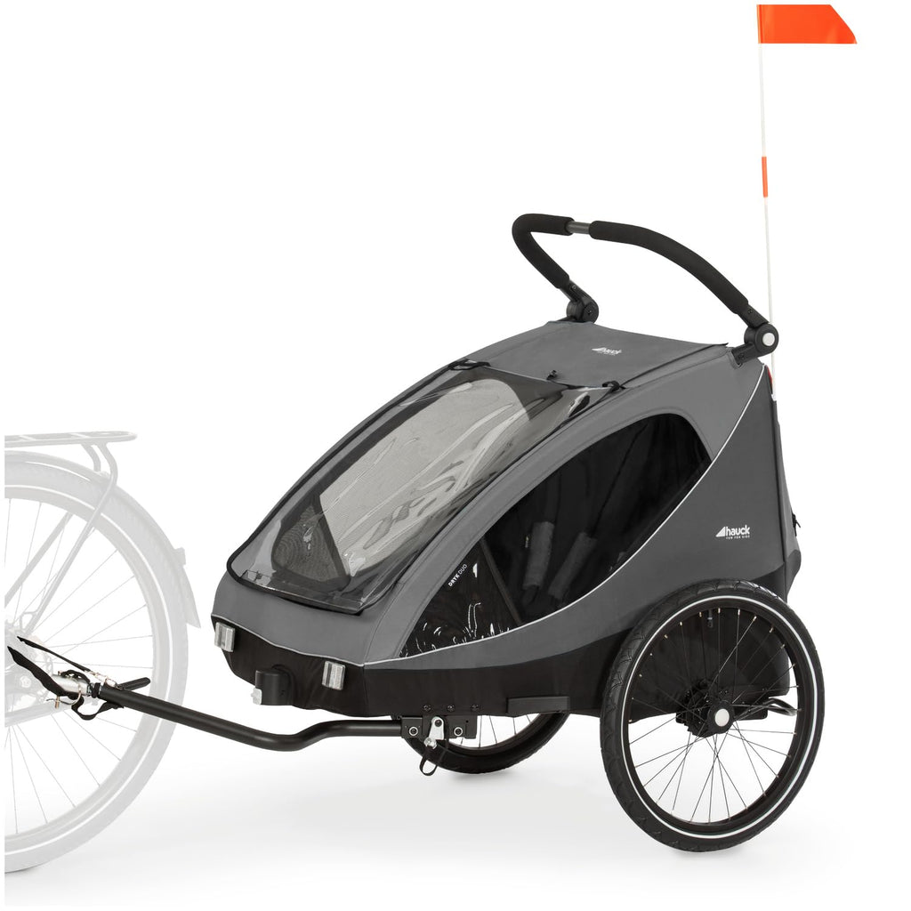 Kinderfahrradanhänger Dryk Duo 2in1 Fahrradanhänger und Buggy für 2 Kinder faltbar mit Deichsel und Sicherheitsfahne