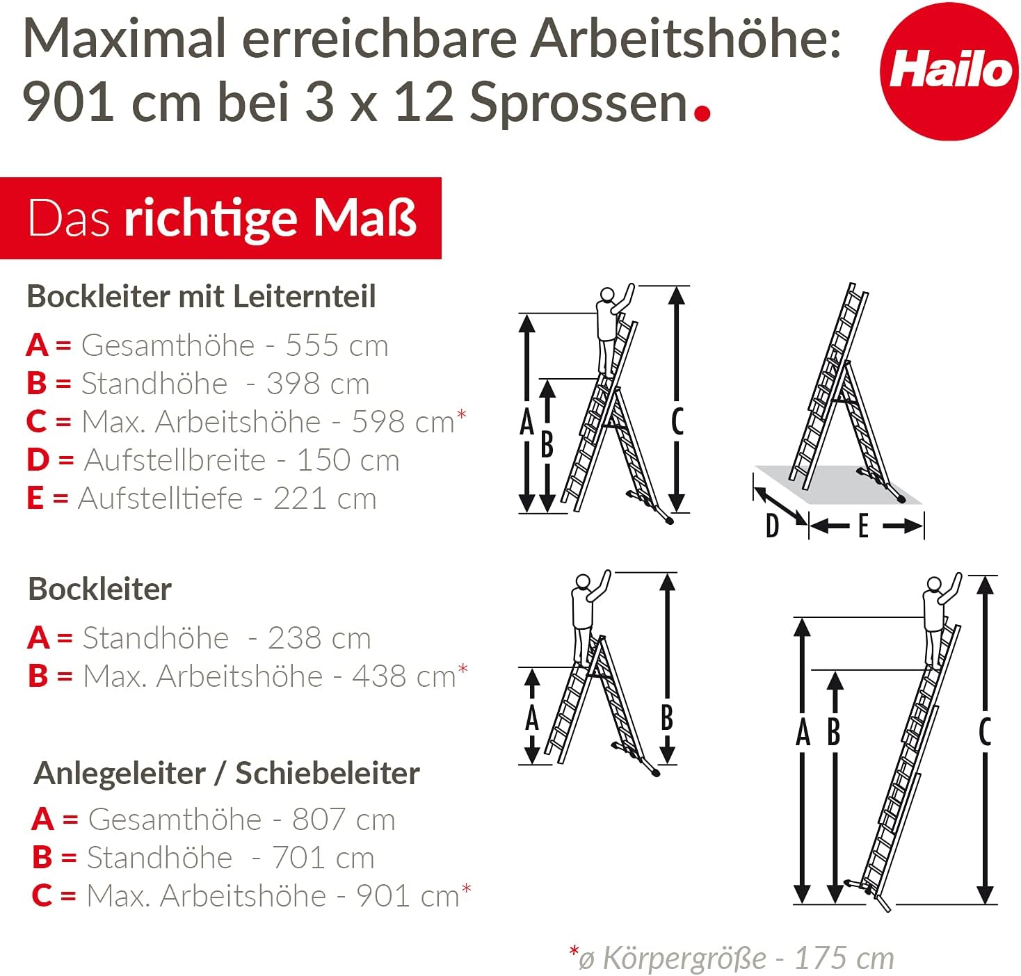 Aluminium Kombileiter 3-teilig ProfiLOT 9312-507 3x12 Sprossen 150 kg Tragkraft 9,01 m Arbeitshöhe