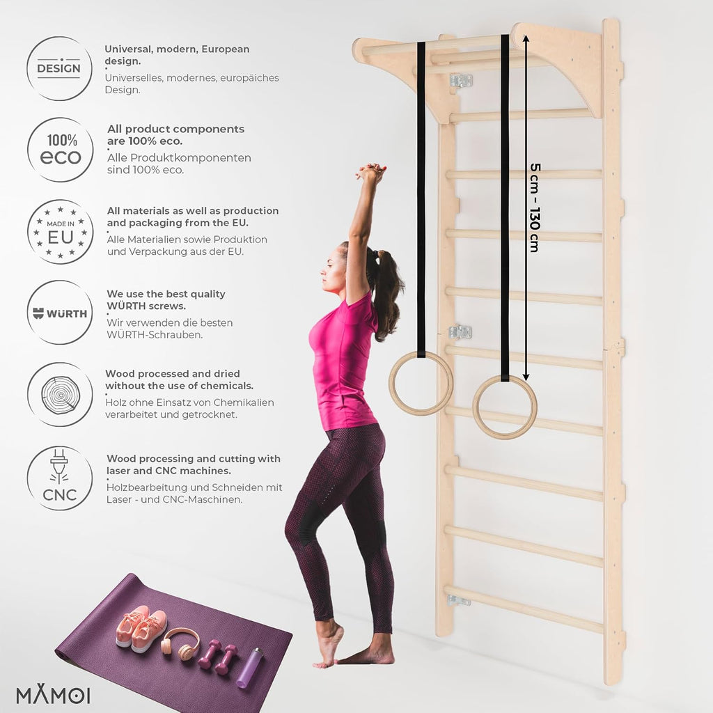 Sprossenwand mit Klimmzugstange 230 cm Holz Kletterleiter Wandmontage mit Gym Ringen und Dip Barren Multifunktionales Fitnessgerät