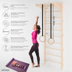 Sprossenwand mit Klimmzugstange 230 cm Holz Kletterleiter Wandmontage mit Gym Ringen und Dip Barren Multifunktionales Fitnessgerät