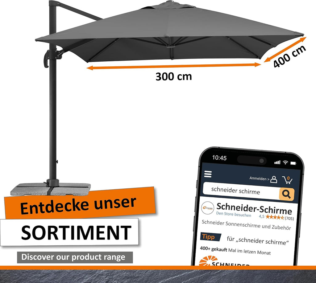 Ampelschirm Rhodos Grande 400x300 cm Rechteckig Aluminium Gestell UV50+ Polyester Kurbel 360 Grad Drehfunktion Anthrazit
