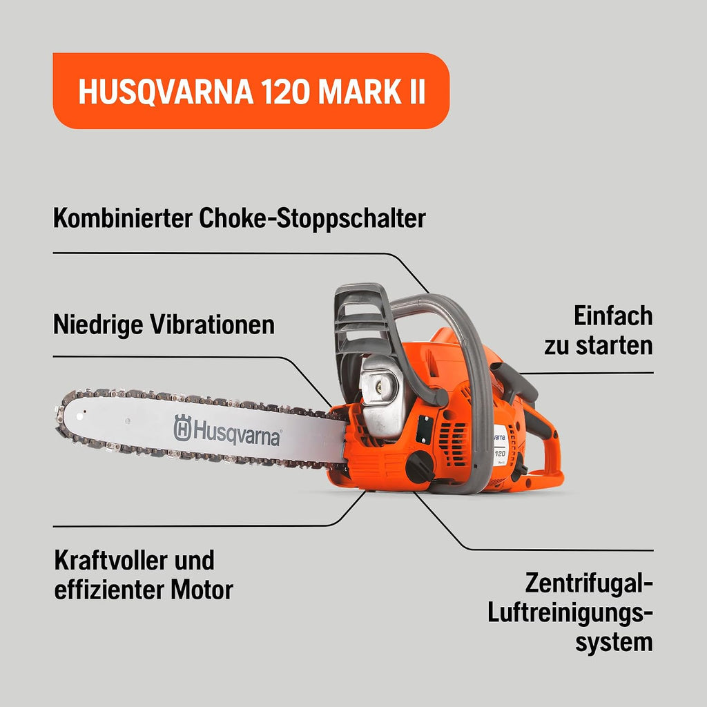 Kettensäge Benzin 120 Mark II 38,2 cc 14 Zoll Schiene H37 Kette X-Torq Motor 1,4 kW 4,85 kg
