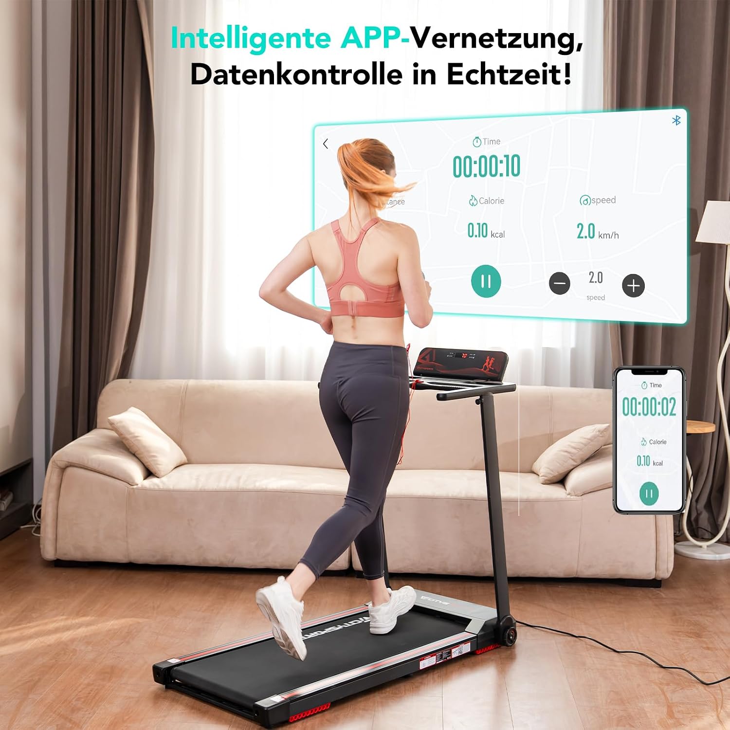 Klappbares Laufband für Zuhause und Büro CS-WP9 bis 12 kmh LED Anzeige Bluetooth App Steuerung 1400W Motor 123.8x58.7x10.2 cm