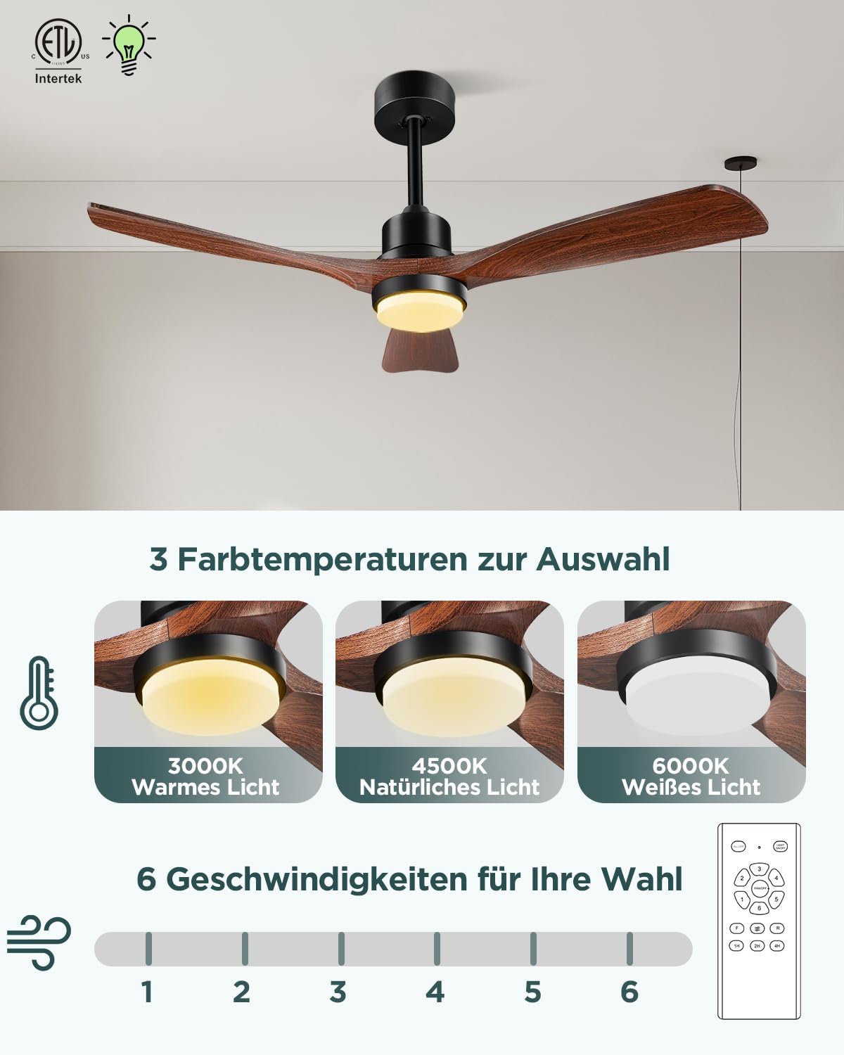 Deckenventilator mit LED-Beleuchtung und Fernbedienung QX-01-DE1 132 cm DC-Motor 3 Holzflügel 6 Geschwindigkeiten