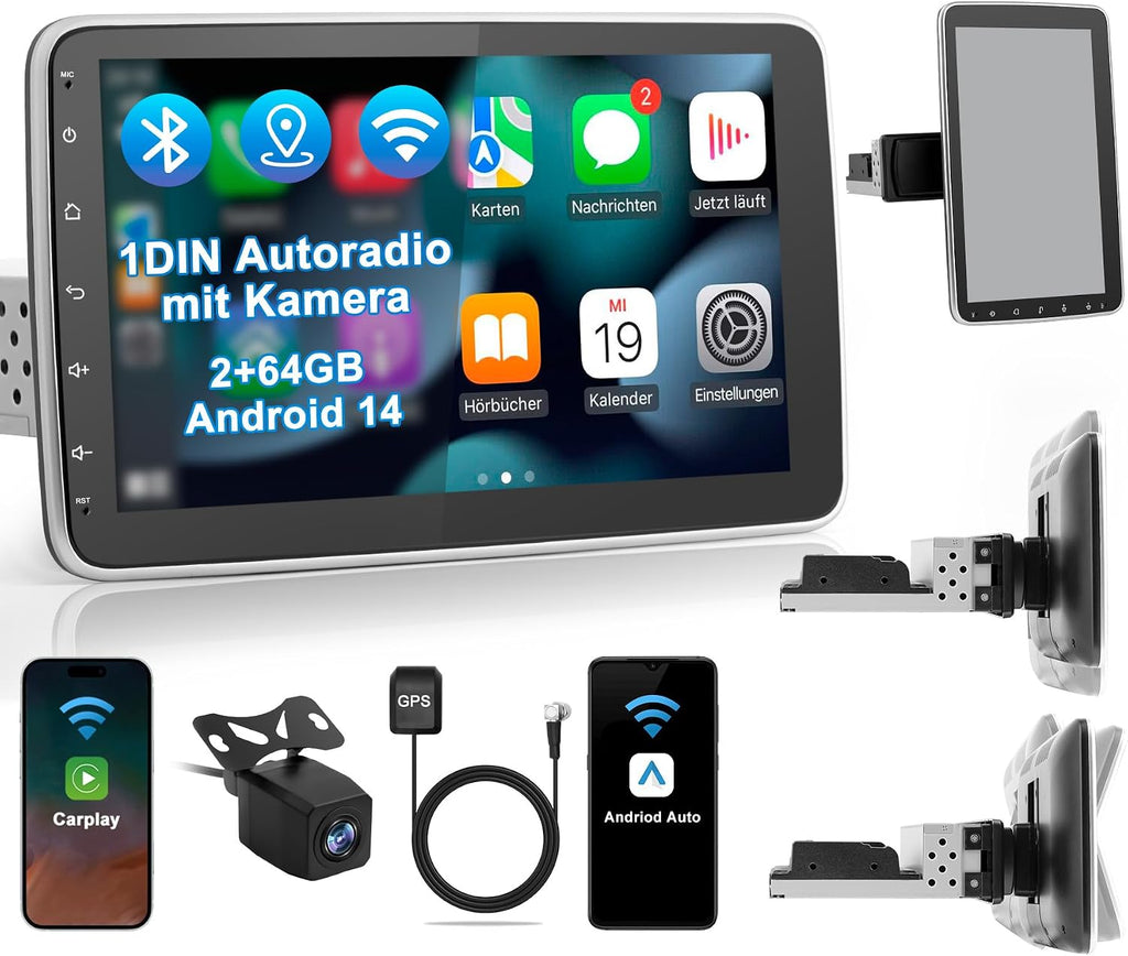 Single DIN Autoradio mit Touchscreen 10.1 Zoll Android 14 2GB 64GB Bluetooth CarPlay Android Auto Navigation Rückfahrkamera
