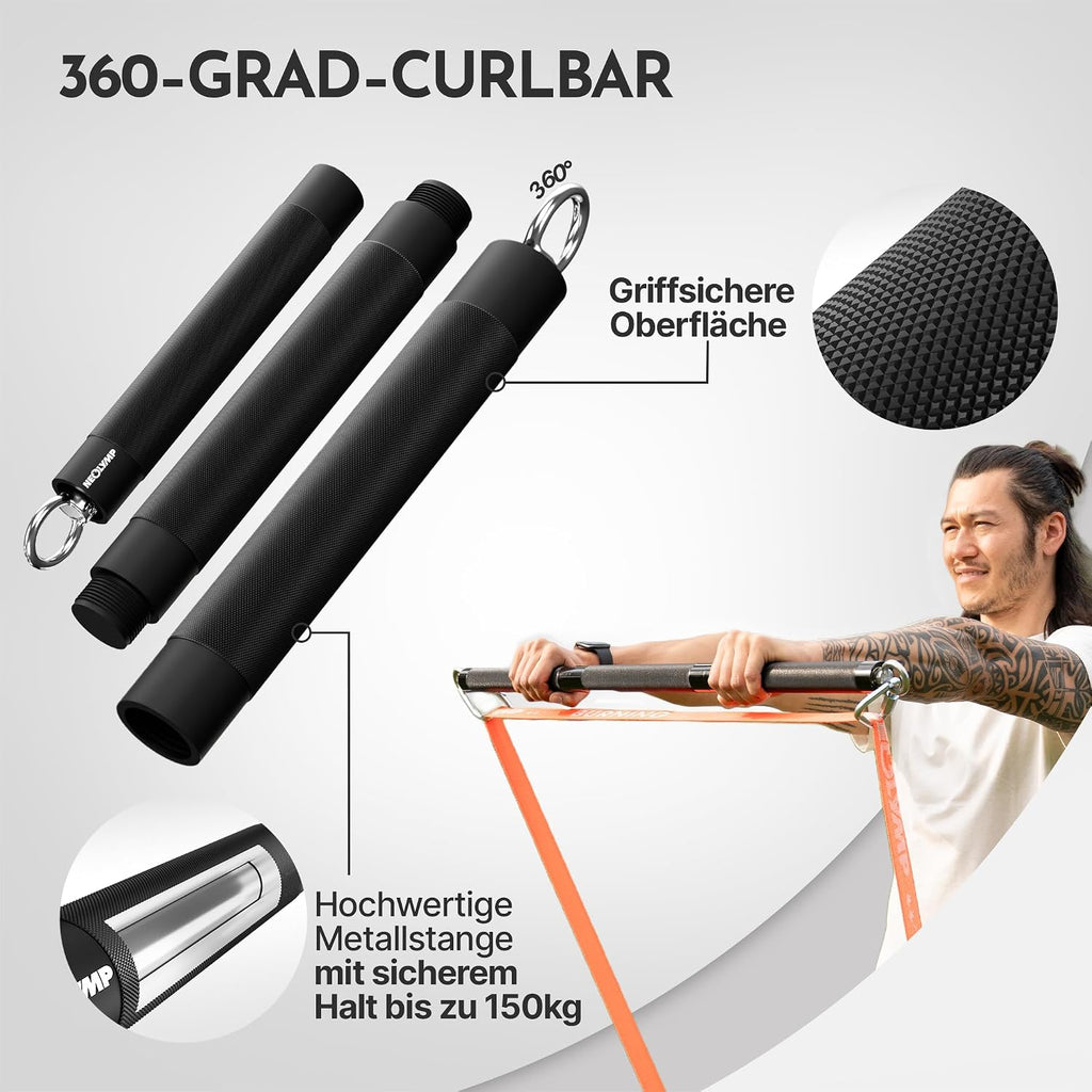 Lange Stoff Fitnessbänder Set 5 Widerstandsstufen Allroundset Ultra mit Türanker Fußschlaufen Griffen Stange