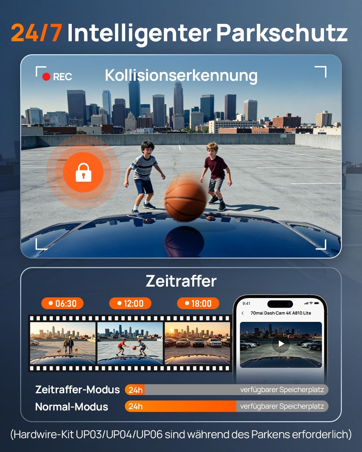 Dashcam A810 Lite Front und Rückkamera 4K 2160P mit 1080P Heckkamera 64GB Karte WLAN HDR Nachtsicht G-Sensor