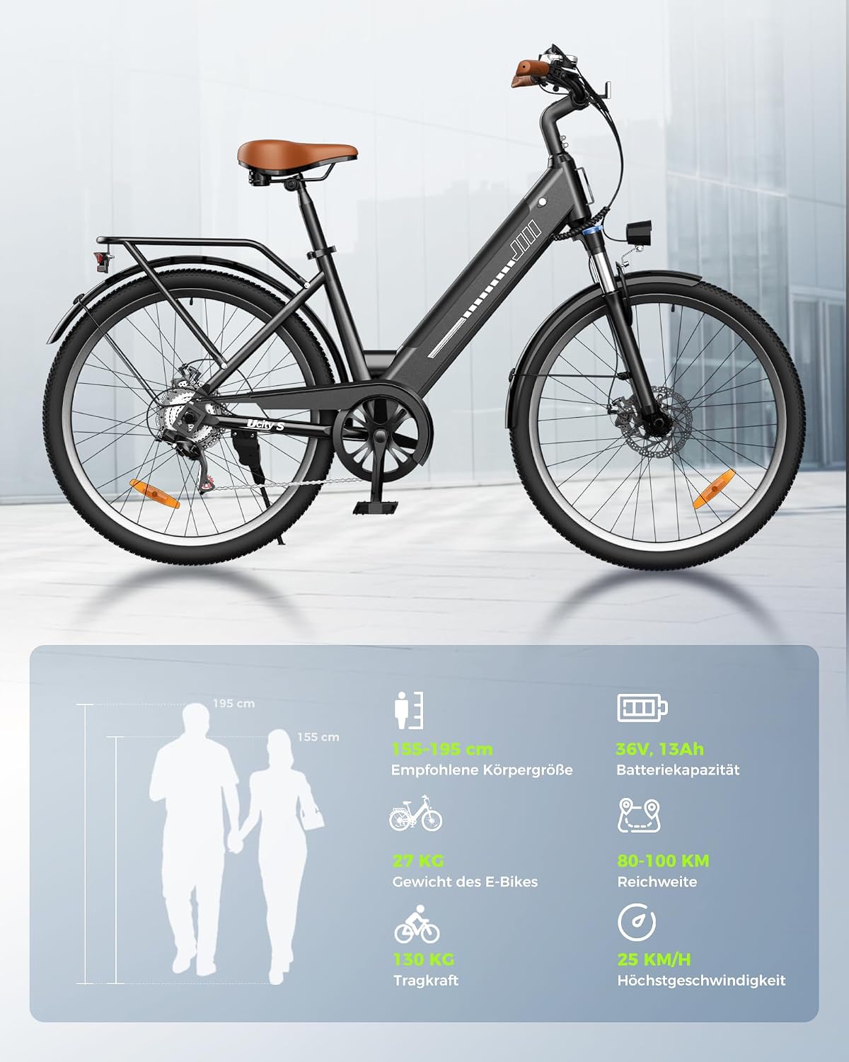 E Bike 26 Zoll UcityS 250W 7 Gang 55 Miles PAS Reichweite City Elektrofahrrad Urban