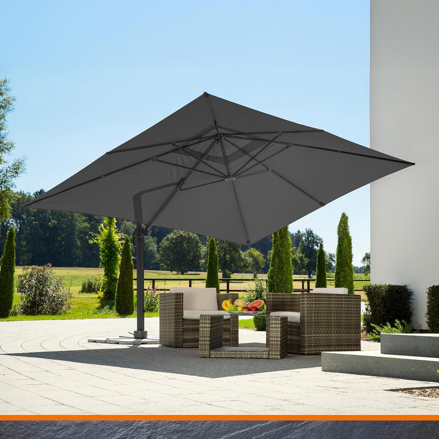 Ampelschirm Rhodos Grande 400x300 cm Rechteckig Aluminium Gestell UV50+ Polyester Kurbel 360 Grad Drehfunktion Anthrazit