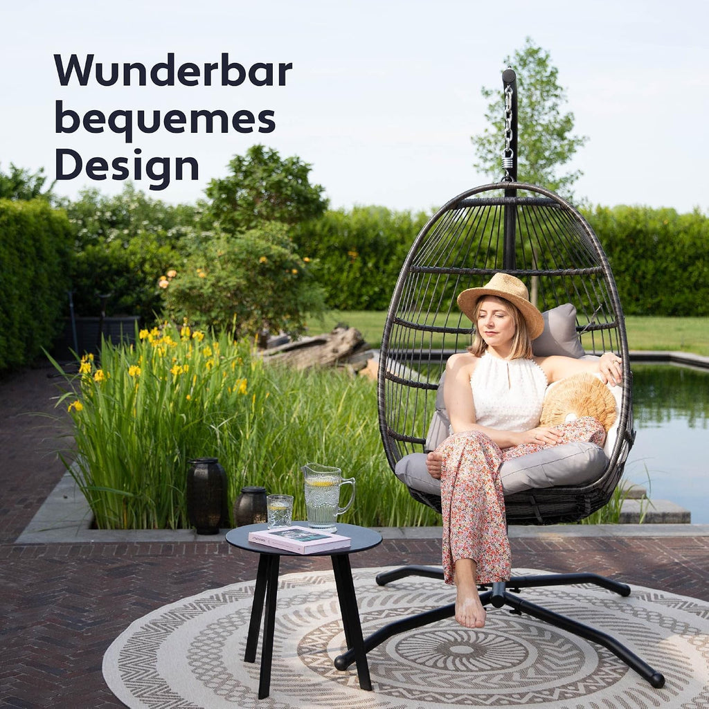 Hängesessel mit Gestell Korb Egg Schaukelstuhl Rattan Design Outdoor Indoor 150 kg Tragkraft Grau