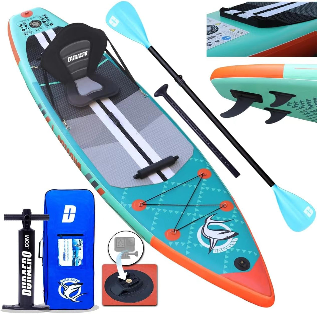 Aufblasbares SUP Board Set mit Kajak Sitz 330x76x15 cm bis 150 kg Tragkraft mit Doppel-Paddel 3 Finnen und Zubehör