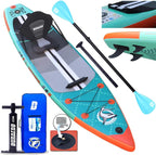 Aufblasbares SUP Board Set mit Kajak Sitz 330x76x15 cm bis 150 kg Tragkraft mit Doppel-Paddel 3 Finnen und Zubehör