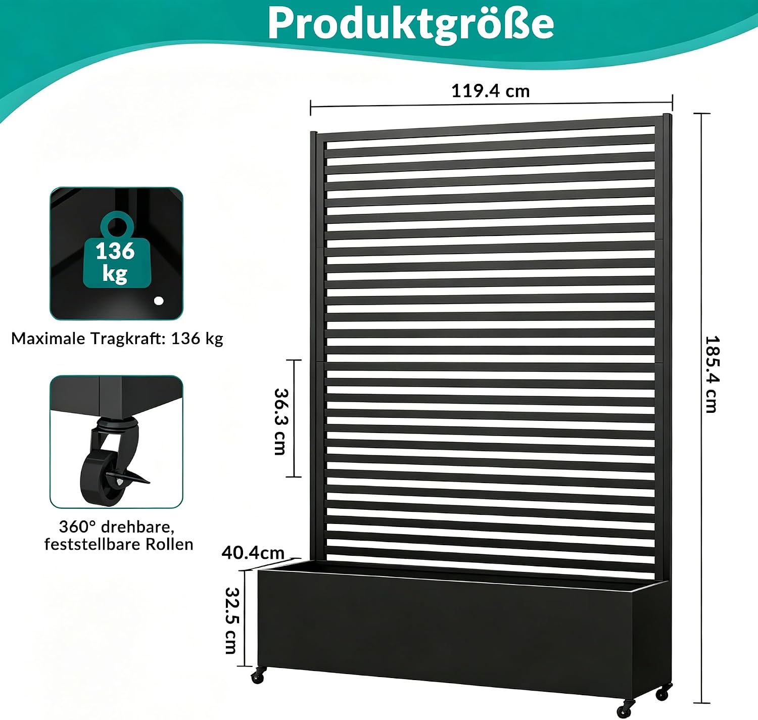 Pflanzkasten mit Spalier Metall Hochbeet auf Rollen Sichtschutz 120x40x185 cm rechteckig Garten Balkon Terrasse