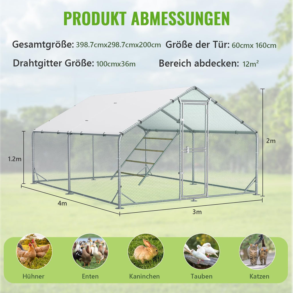 Hühnerstall Metall Freilaufgehege mit Dach CC3X4X2 3x4x2 m wetterfest für 10 bis 20 Hühner Sitzleiter Zubehör
