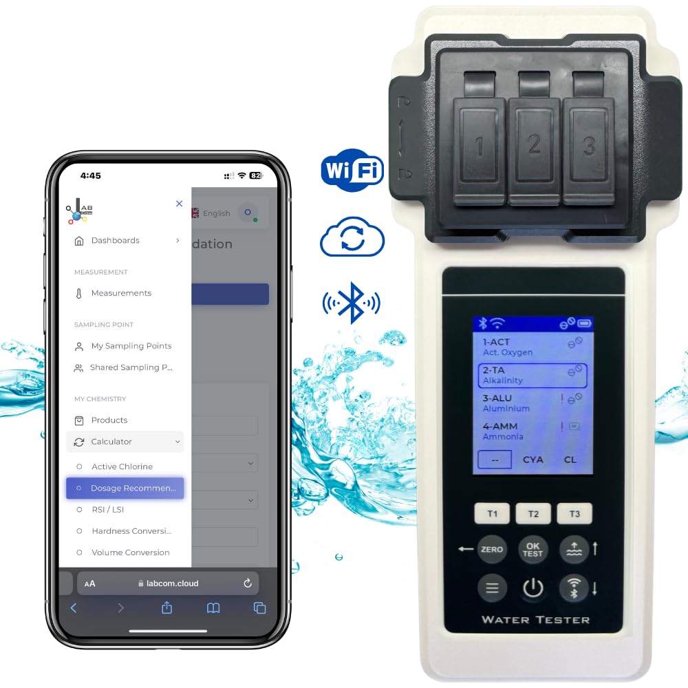 Pool Wasseranalysegerät 2.0 Set 27 Parameter WiFi Bluetooth App Pool Spa Whirlpool Messgerät inkl Koffer Wasserstandsausgleicher