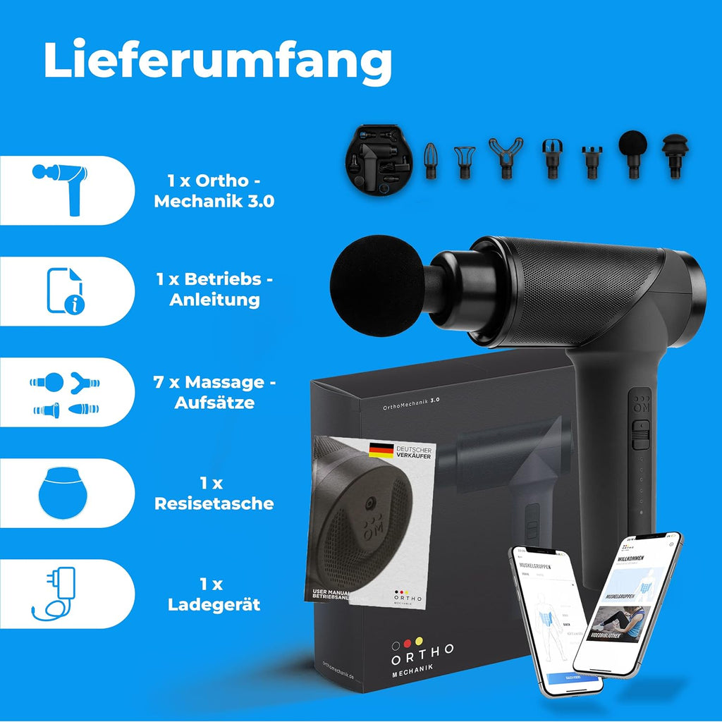 Massagepistole OrthoGun 160W mit App 5 Intensitäten 7 Massageaufsätze Tragetasche Akku Laufzeit bis 360 Min