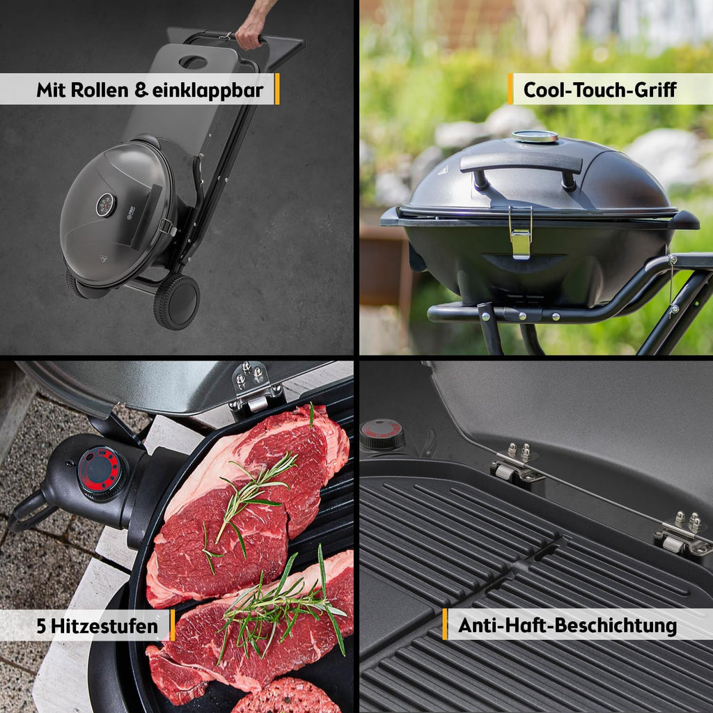 Elektrogrill 2 in 1 Tischgrill und Standgrill 2400W mit Deckel Thermometer Tropfschale und Rollwagen