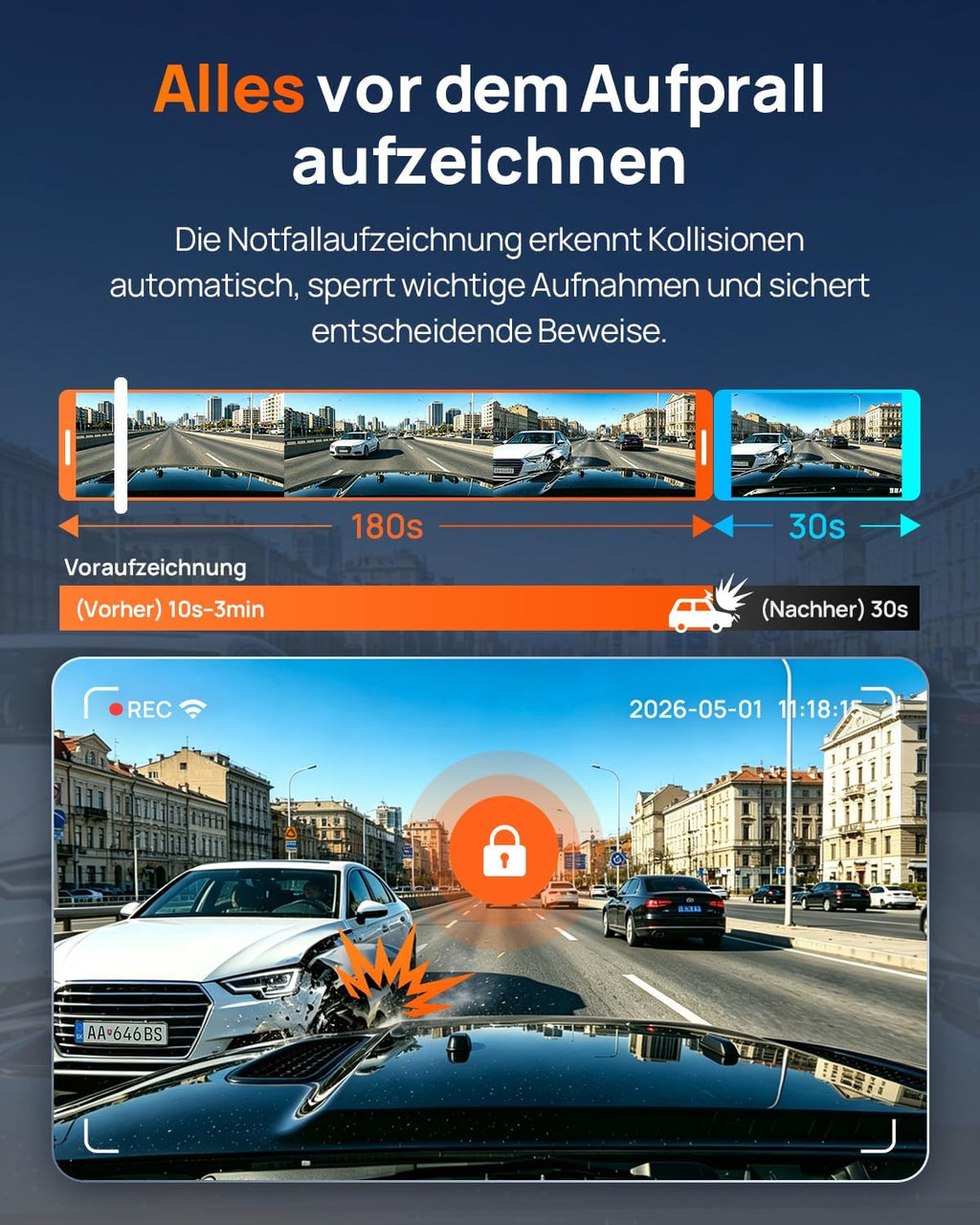 Dashcam A810 Lite Front und Rückkamera 4K 2160P mit 1080P Heckkamera 64GB Karte WLAN HDR Nachtsicht G-Sensor
