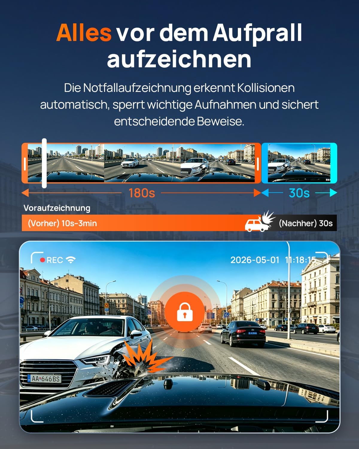 Dashcam A810 Lite Front und Rückkamera 4K 2160P mit 1080P Heckkamera 64GB Karte WLAN HDR Nachtsicht G-Sensor